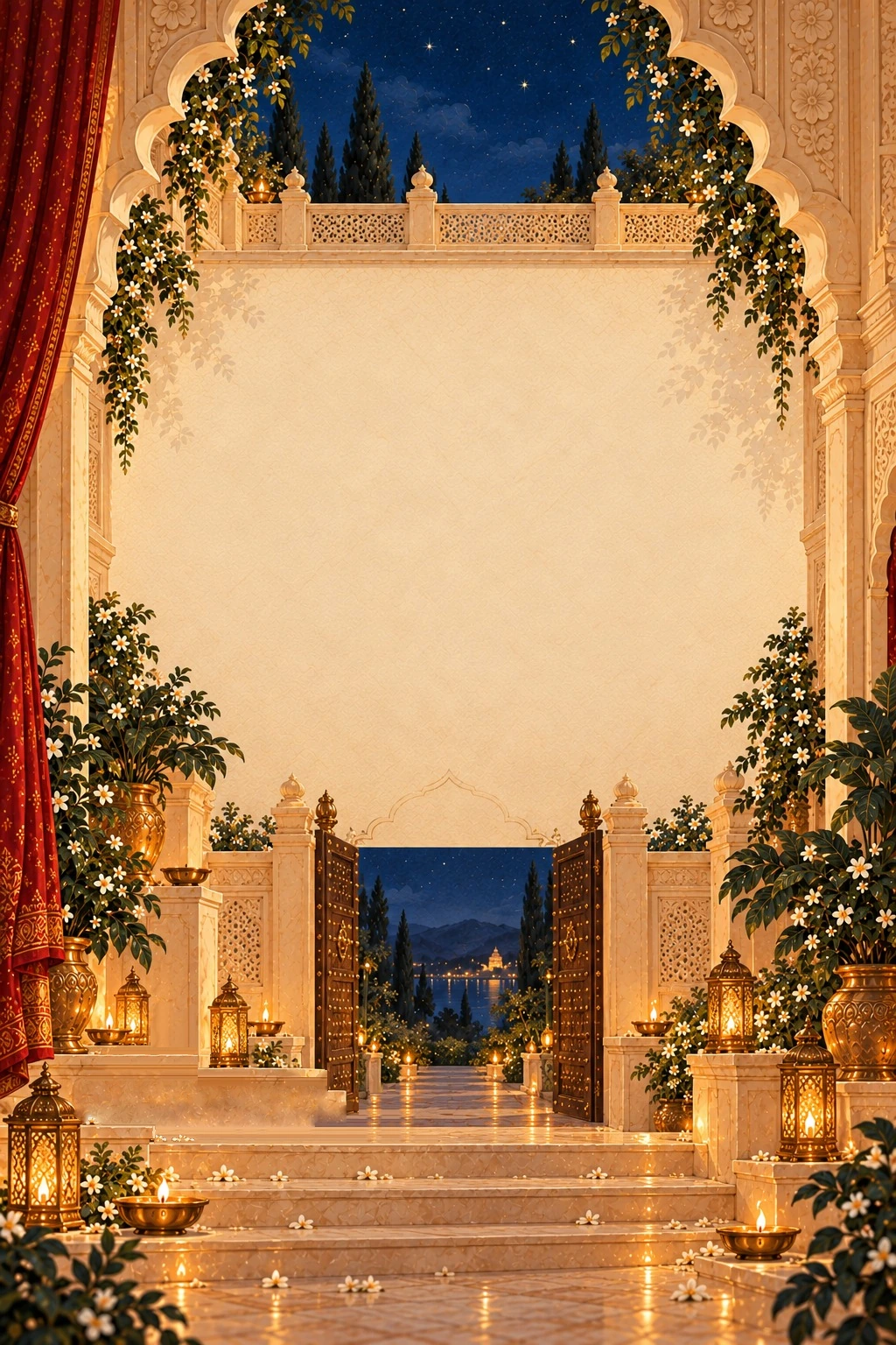 The haveli’s carved gates at night, framed by hanging jasmine and glowing lanterns above marble steps; at the end the gates close and a crimson velvet curtain is drawn across.